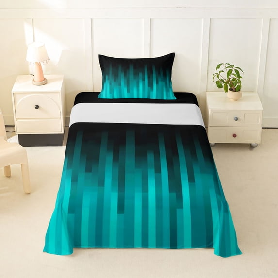 jejeloiu Teal Black Gradient Art Twin Sheet Sets For Kids,Modern Abstract Geometric Print Bedding For Boy,3pcs
