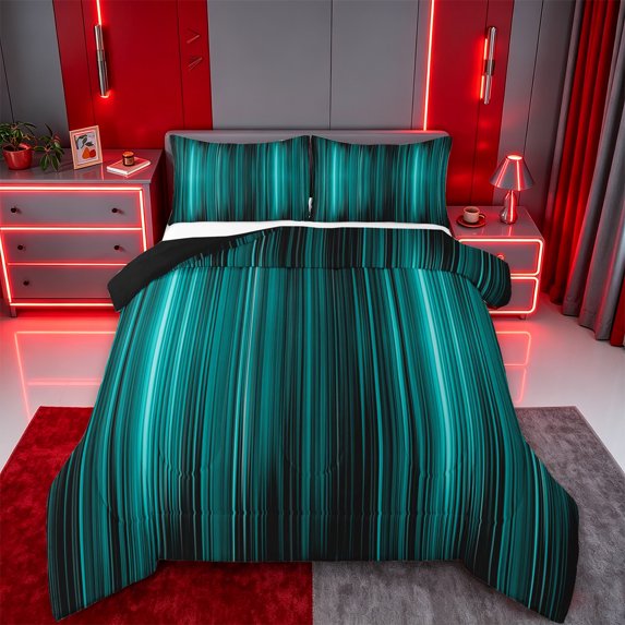 jejeloiu Teal Black Gradient Lines Full Size Comforter Sets Kids,Abstract Geometric Striped Bedding Sets,Reversible,3-Piece