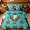 thumbnail image 1 of jejeloiu Teal Bull Skull Pattern 7-Piece Bedding Comforter Set Kids,Tribal Boho Print King Bedding SetsFor Men,Reversible, 1 of 7