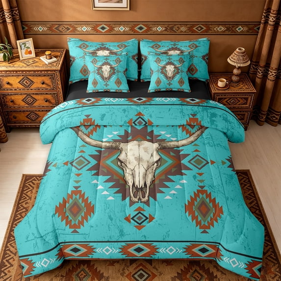 jejeloiu Teal Bull Skull Pattern 7-Piece Bedding Comforter Set Kids,Tribal Boho Print King Bedding SetsFor Men,Reversible