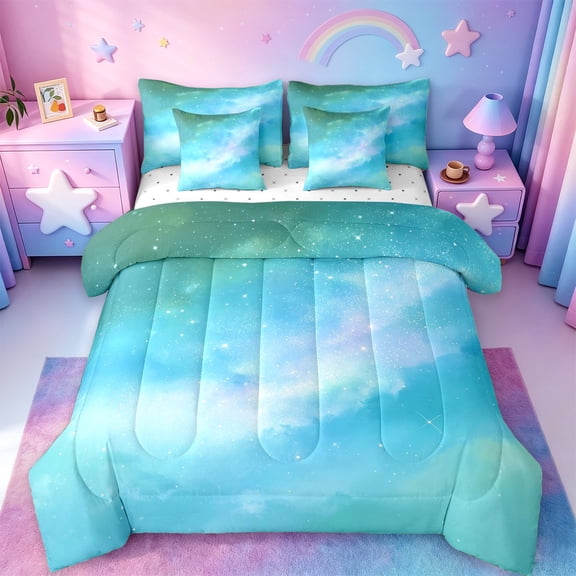 jejeloiu Teal Galaxy Star 7-Piece Twin Bedding Sets Kids,Calm Magical Sky Pattern Bedding Comforter Set For Girls,Reversible