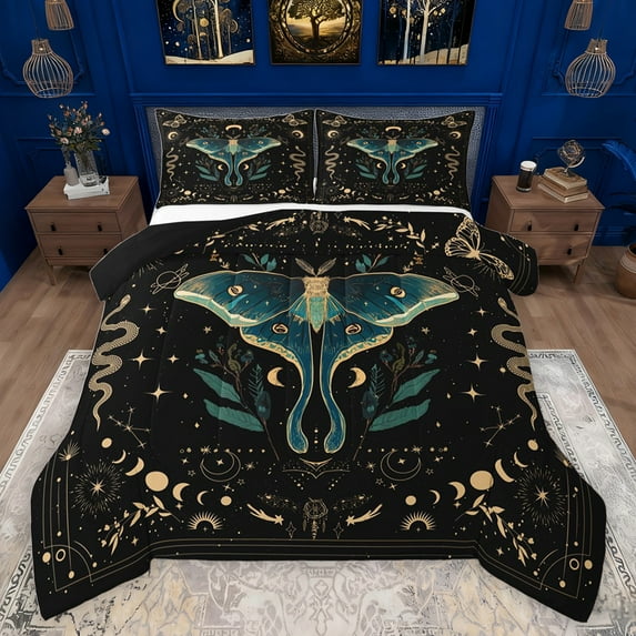 jejeloiu Teal Moth Butterfly Bedding Comforter Set,Boho Bohemian Style Twin Comforter Sets,Gold Snake Moon Bedding Set For Adults,Ultra Soft Home Decor Reversible,2pcs