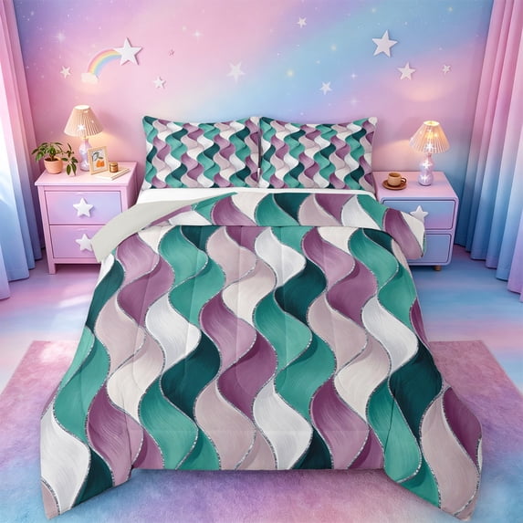jejeloiu Teal Pink Wave Striped Full Size Comforter Sets Kids,Modern Geometric Lines Bedding Sets,Reversible,3-Piece