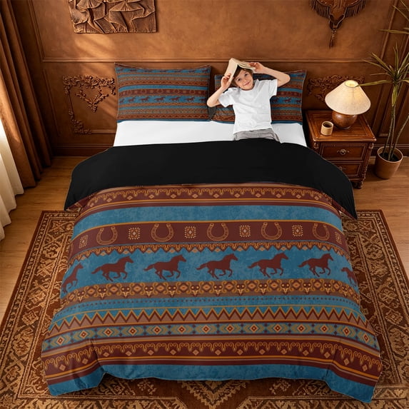 jejeloiu Teal Western Horse Aztec Print Duvet Cover Set Kids,Boho Farm Pattern Bedding Full,Reversible,3-Piece(No Comforter)