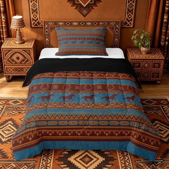 jejeloiu Teal Western Horse Aztec Print Twin Comforter Sets Kids,Boho Farm Pattern Bedding Set,Reversible,2pcs