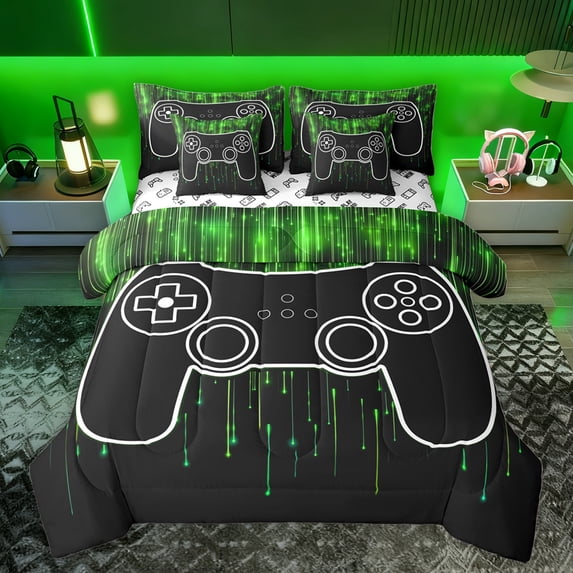 jejeloiu Teen Video Game 7-Piece Bedding Comforter Set,Gamepad Game Lover King Bedding Sets,Green Black Bed Sheets For Boys,Ultra Soft Home Decor Reversible