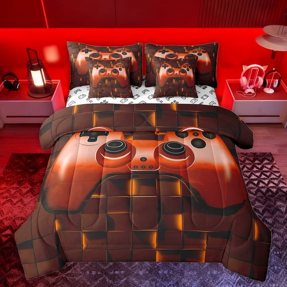 jejeloiu Teen Video Game 7-Piece Twin Bedding Sets,Red Gamepad Bedding Comforter Set,3D Geometric Plaid Sheet Sets For Boys,Ultra Soft Home Decor Reversible