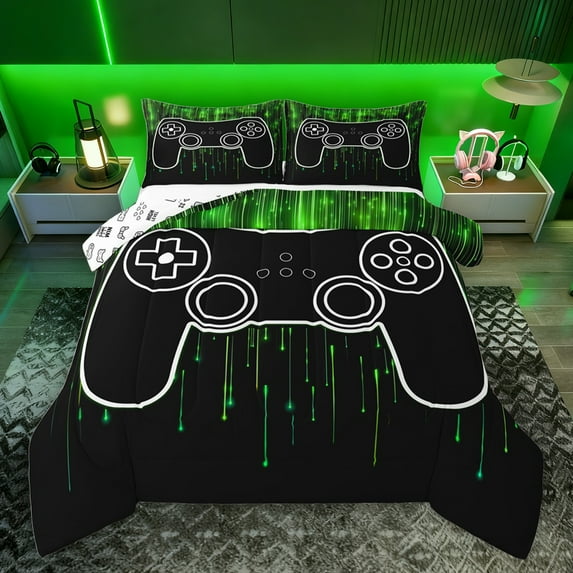 jejeloiu Teen Video Game Full Size Comforter Sets,Gamepad Game Lover Bedding Comforter Set,Green Black Bedding Sets For Boys,Ultra Soft Home Decor Reversible,3pcs
