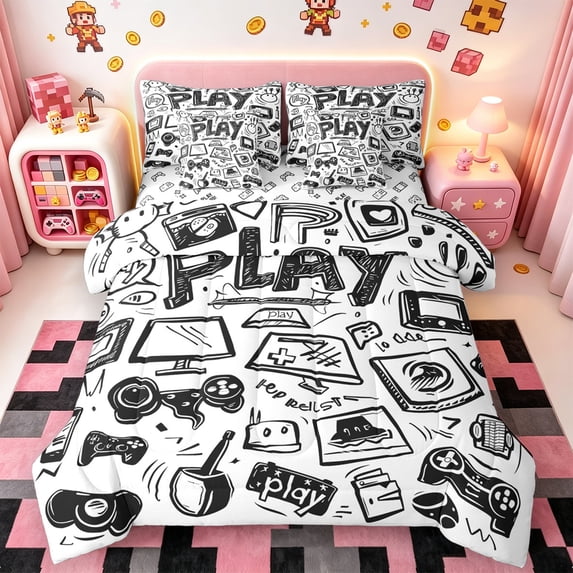 jejeloiu Teens Gamepad Bedding Comforter Set 7pcs,Modern Gamer Queen Bedding Sets,Sketch Video Game Queen Sheet Sets For Boys Kids,Ultra Soft Home Decor Reversible