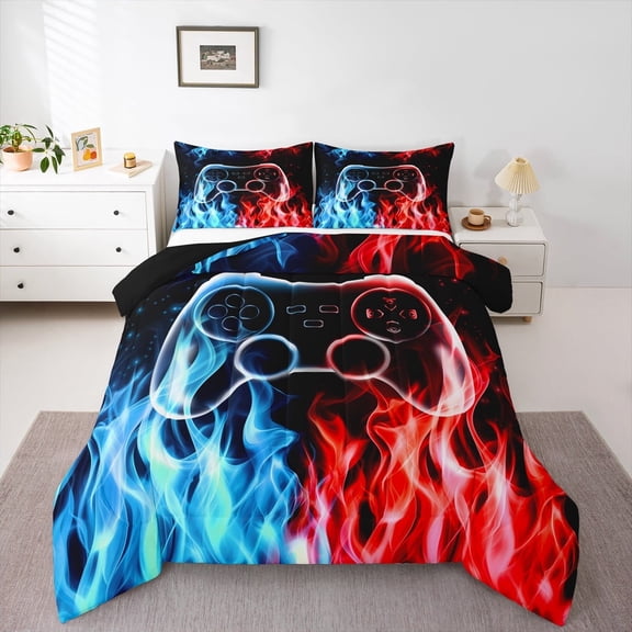jejeloiu Teens Gamepad Full Size Comforter Sets,Modern Gamer Bedding Comforter Set,Blue Red Flame Bedding Sets For Boys Kids,Ultra Soft Home Decor Reversible,3-Piece