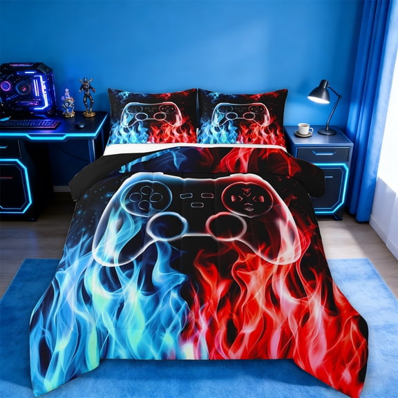 jejeloiu Teens Gamepad Full Size Comforter Sets,Modern Gamer Bedding Comforter Set,Blue Red Flame Bedding Sets For Boys Kids,Ultra Soft Home Decor Reversible,3-Piece