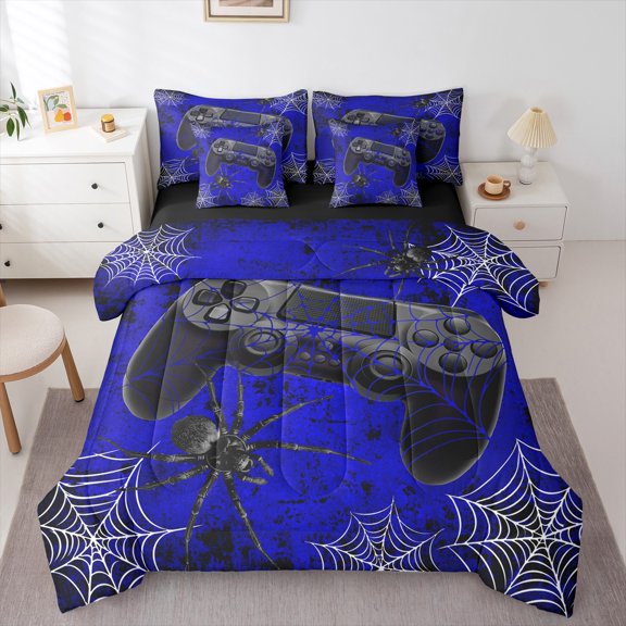 jejeloiu Teens Gamepad Twin Bedding Sets 7-Piece,Modern Gamer Bedding Comforter Set,Halloween Black Spider Sheet Sets For Boys Kids,Ultra Soft Home Decor Reversible