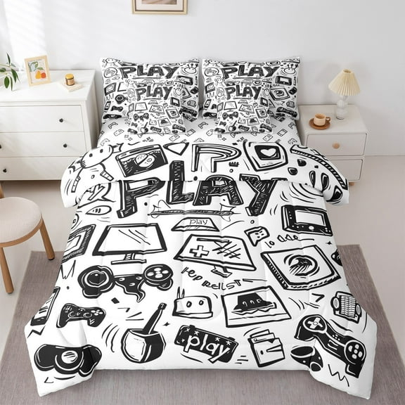 jejeloiu Teens Gamepad Twin Bedding Sets 7-Piece,Modern Gamer Bedding Comforter Set,Sketch Video Game Sheet Sets For Boys Kids,Ultra Soft Home Decor Reversible