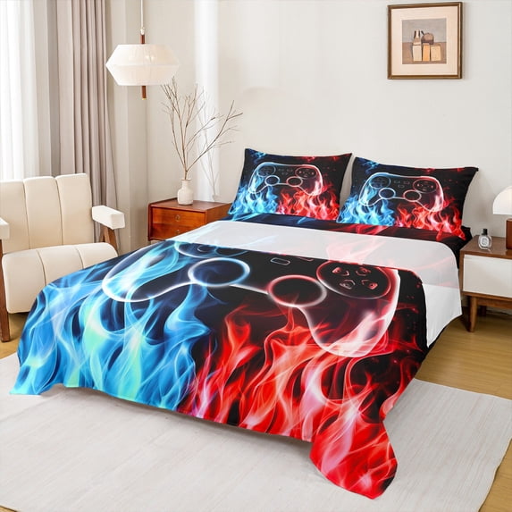 jejeloiu Teens Gamepad Twin Sheet Sets,Modern Gamer Twin Fitted Sheet,Blue Red Flame Flat Sheet For Boys Kids,Ultra Soft Home Decor,3pcs