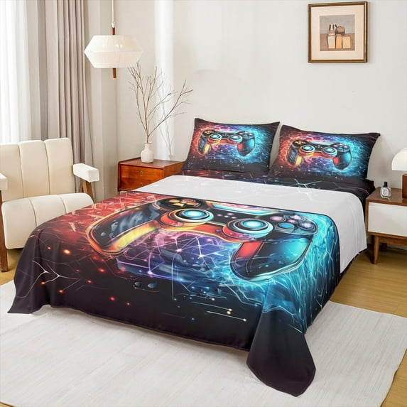 jejeloiu Teens Gamepad Twin Sheet Sets,Modern Video Game Twin Fitted Sheet,Orange Blue Black Flat Sheet For Boys Kids,Ultra Soft Home Decor,3pcs