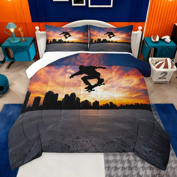 jejeloiu Teens Skateboard Gaming Queen Comforter Set,Gamer Bedding Comforter Set For Boys 3-Piece
