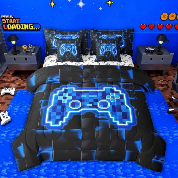 jejeloiu Teens Video Game 7-Piece Twin Bedding Sets,Pixel Console Gamepad Bedding Comforter Set For Teens Reversible