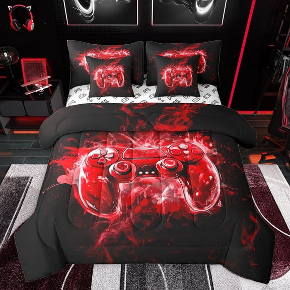 jejeloiu Teens Video Game 7 Pieces Bedding Comforter Set,Cartoon Console Gamepad Full Bedding Set,Red Black Fitted Sheet Flat Sheet For Teens,Breathable Home Decor Reversible