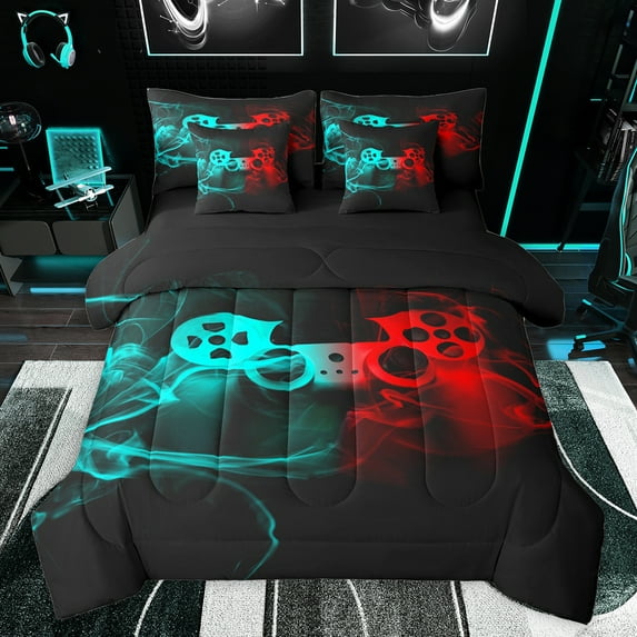 jejeloiu Teens Video Game 7pcs Bedding Comforter Set,Cartoon Console Gamepad Queen Bedding Sets,Cyan Red Ombre Queen Sheet Sets For Teens,Breathable Home Decor Reversible
