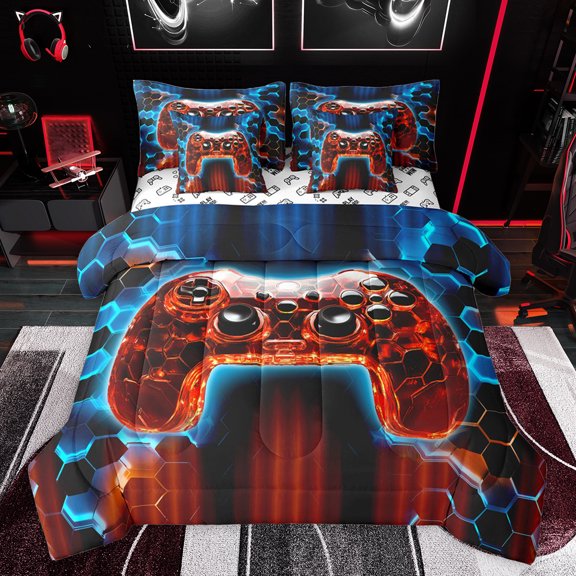 jejeloiu Teens Video Game 7pcs Bedding Comforter Set,Cartoon Console Gamepad Queen Bedding Sets,Red Blue Honkeycomb Queen Sheet Sets For Teens,Breathable Home Decor Reversible
