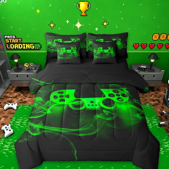 jejeloiu Teens Video Game 7pcs Bedding Comforter Set,Gamepad Console Gaming Queen Bedding Sets,Green Black Queen Sheet Sets For Kids,Microfiber Bedroom Decor Reversible
