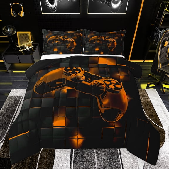 jejeloiu Teens Video Game Bedding Comforter Set,Boys Gamepad Console Twin Comforter Sets,Orange Black Grid Bedding Set For Kids,Microfiber Bedroom Decor Reversible,2pcs