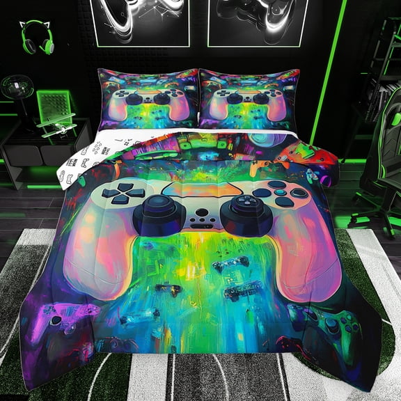 jejeloiu Teens Video Game Bedding Comforter Set,Cartoon Console Gamepad Twin Comforter Sets,Oil Painting Aesthetic Bedding Set For Teens,Breathable Home Decor Reversible,2-Piece