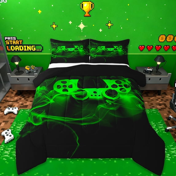 jejeloiu Teens Video Game Bedding Comforter Set,Gamepad Console Gaming Twin Comforter Sets,Green Black Bedding Set For Kids,Microfiber Bedroom Decor Reversible,2-Piece