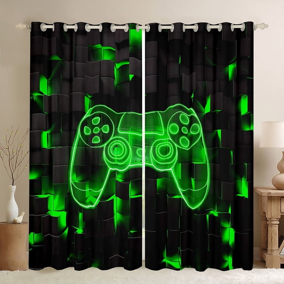 jejeloiu Teens Video Game Black Out Curtains,Cartoon Console Gamepad Curtains Pack of 2 (42x63 Each),Neon Green Plaid Bedroom Curtains For Teens,Breathable Home Decor