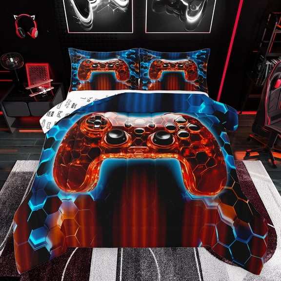 jejeloiu Teens Video Game Full Size Comforter Sets,Cartoon Console Gamepad Bedding Comforter Set,Red Blue Honkeycomb Bedding Sets For Teens,Breathable Home Decor Reversible,3 Pieces