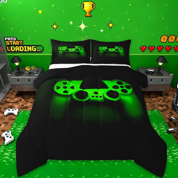 jejeloiu Teens Video Game Queen Comforter Set,Boys Gamepad Console Bedding Sets,Green Black Bedding Comforter Set For Kids,Microfiber Bedroom Decor Reversible,3 Pieces
