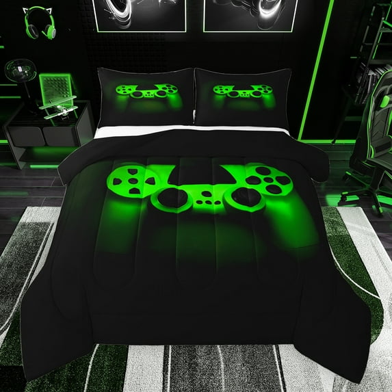 jejeloiu Teens Video Game Queen Comforter Set,Boys Gamepad Console Bedding Sets,Green Black Bedding Comforter Set For Kids,Microfiber Bedroom Decor Reversible,3 Pieces