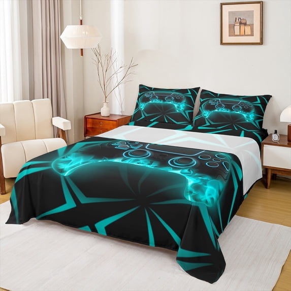 jejeloiu Teens Video Game Queen Sheet Sets,Boys Gamepad Console Flat Sheet,Cyan Black Queen Fitted Sheet For Kids,Microfiber Bedroom Decor,4-Piece