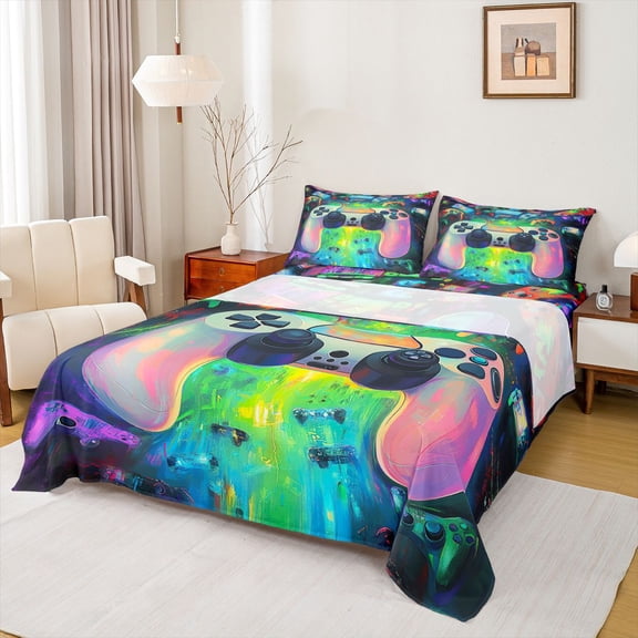 jejeloiu Teens Video Game Queen Sheet Sets,Cartoon Console Gamepad Flat Sheet,Oil Painting Aesthetic Queen Fitted Sheet For Teens,Breathable Home Decor,4pcs