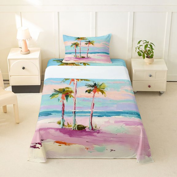 jejeloiu Textured Palm Painting Twin Sheets For Girls,Artistic Shoreline Bedding,Pink Blue,3-Piece,1 Fitted Sheet and 1 Pillowcase