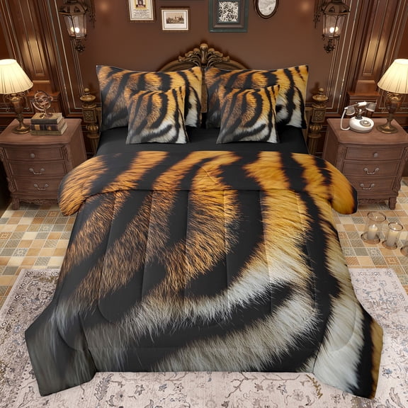 jejeloiu Tiger Pattern 7-Piece Twin Bedding Sets,Jungle Animal Bedding Comforter Set,Abstract Stripe Lines Sheet Sets For Men Women,Ultra Soft Home Decor Reversible