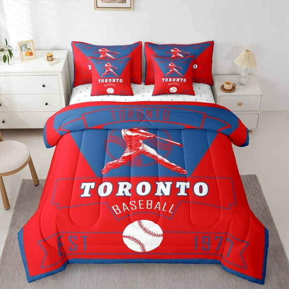 jejeloiu Toronto Bedding Comforter Set 7pcs,Ball Game Lover Queen Bedding Sets,Baseball Sport City Queen Sheet Sets For Children,Super Cozy Room Decor Reversible