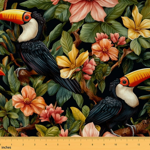 jejeloiu Toucan Birds Fabric by the Yard 2 Yards,Country Flower Floral Room Decor Fabric by the Yard,Tropical Botanical Leaves Fabric for Sewing For Teens,Super Cozy Room Decor