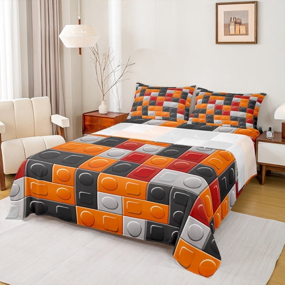 jejeloiu Toy Brick Games Twin Sheet Sets,Building Blocks Twin Fitted Sheet,Orange Gray Black Flat Sheet For Boys Girls,Luxury Bedroom Decor,3pcs
