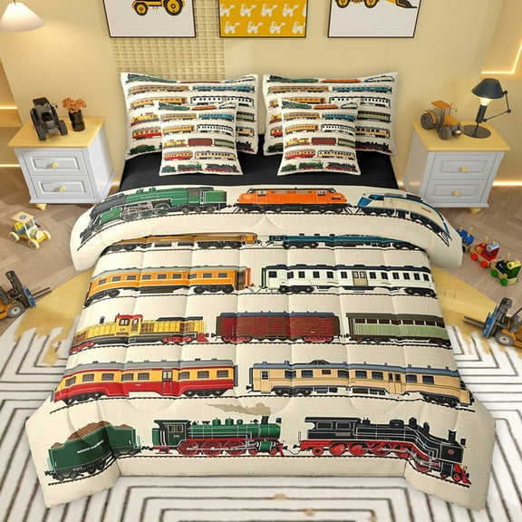 jejeloiu Train Steam Engine 7-Piece Twin Bedding Sets,Western Train Transportation Bedding Comforter Set,Brown Orange Red Sheet Sets For Teens,Ultra Soft Home Decor Reversible