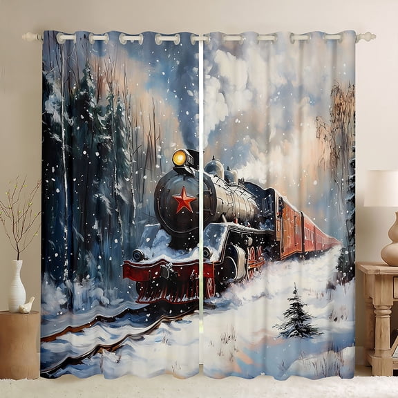 jejeloiu Train Steam Engine Curtains Pack of 2 (42x84 Each),Western Train Transportation Curtains Blackout,Red 3D Stars Bedroom Curtains For Adults,Breathable Home Decor