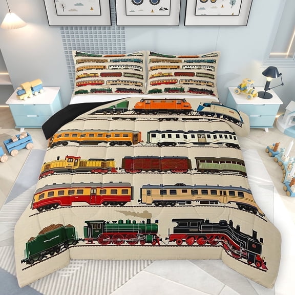 jejeloiu Train Steam Engine Full Size Comforter Sets,Western Train Transportation Bedding Comforter Set,Brown Orange Red Bedding Sets For Teens,Ultra Soft Home Decor Reversible,3pcs