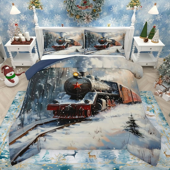 jejeloiu Train Steam Engine Full Size Comforter Sets,Western Train Transportation Bedding Comforter Set,Red 3D Stars Bedding Sets For Adults,Breathable Home Decor Reversible,3pcs