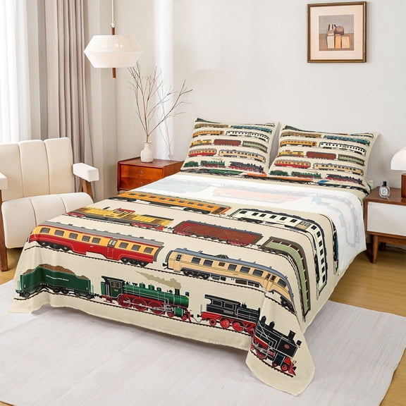 jejeloiu Train Steam Engine Twin Sheet Sets,Western Train Transportation Twin Fitted Sheet,Brown Orange Red Flat Sheet For Teens,Ultra Soft Home Decor,3 Pieces