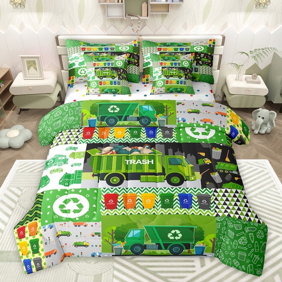 jejeloiu Trash Truck 7-Piece Twin Bedding Sets,Geometric Stripe Circle Bedding Comforter Set,Green Patchwork Plaid Sheet Sets For Men Women,Breathable Home Decor Reversible