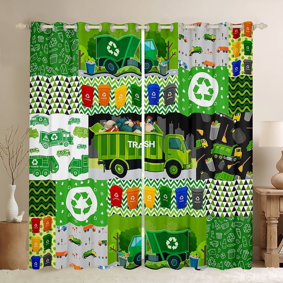 jejeloiu Trash Truck Black Out Curtains,Geometric Stripe Circle Curtains Pack of 2 (42x63 Each),Green Patchwork Plaid Bedroom Curtains For Men Women,Breathable Home Decor
