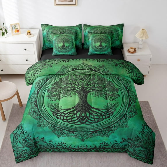 jejeloiu Tree Of Life Bedding Comforter Set 7 Pieces,Retro Boho Print Full Bedding Set,Green Vintage Geometric Fitted Sheet Flat Sheet For Men Women,Microfiber Bedroom Decor Reversible