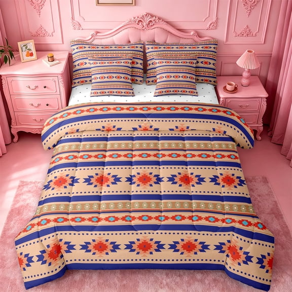 jejeloiu Tribal Aztec 7pcs Queen Bedding For Men Women,Geometric Pattern Bedding Comforter Set Queen,Blue Beige,Reversible