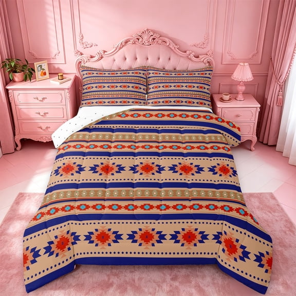 jejeloiu Tribal Aztec Queen Comforter Set For Men Women,Geometric Pattern Comforter Sets Queen,Blue Beige,Reversible,3pcs,1 Comforter and 2 Pillowcases