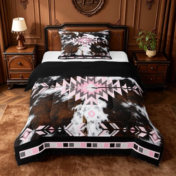 jejeloiu Tribal Aztec Twin Comforter Sets,Faux Cowhide Bedding Set For Boys,Pink Black Brown,Black Reversible,2pcs,1 Comforter and 1 Pillowcase